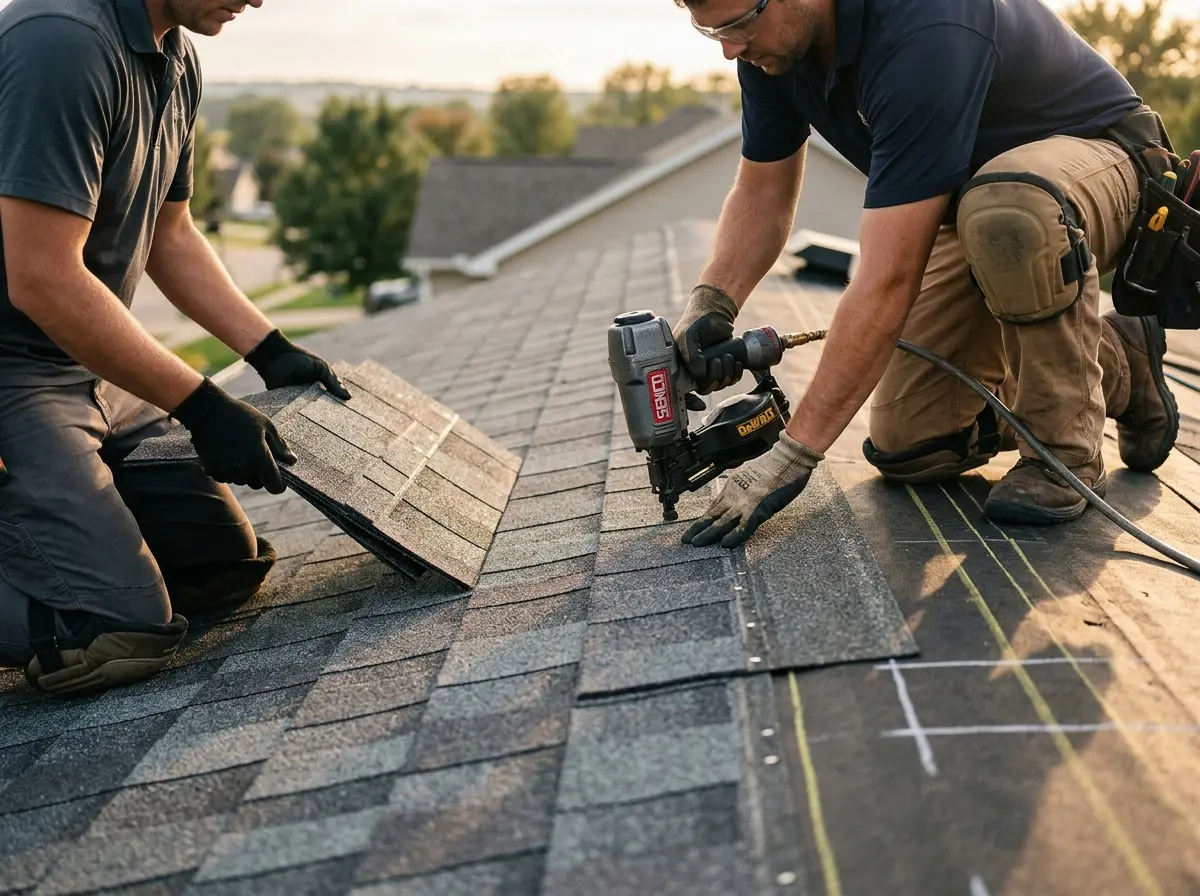 Professional roofer working on a residential roof in Wilmington Manor